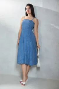 Virgio - Elodie 100% Cotton Denim Banded Midi Dress