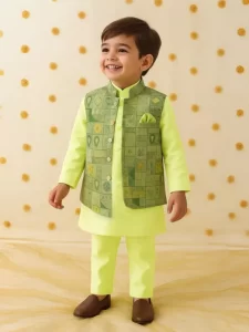 Kidbea - Kidbea Boys Kurta Pajama with Asymmetric Embroidered Jacket | Ethnic Wear Set for Weddings & Festivals | Green