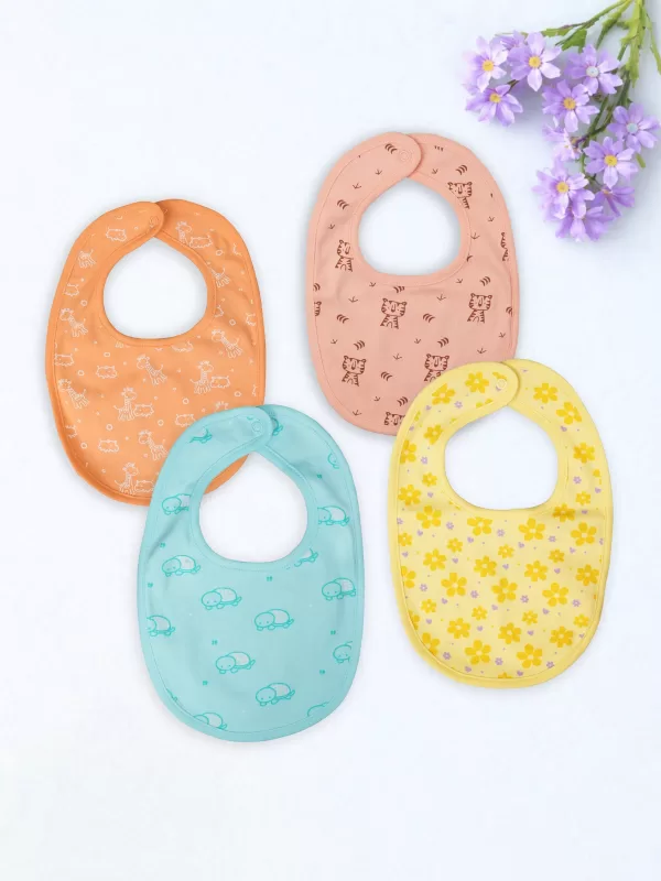 Kidbea - Organic Cotton Baby Bib Pack of 4 – Giraffe, Tiger, Turtle & Flower Print, Feeding & Drool Bibs