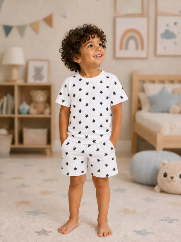 Kidbea - Organic Cotton Unisex Kids Co-ord Set – Soft Breathable Star Print T-Shirt & Shorts Set