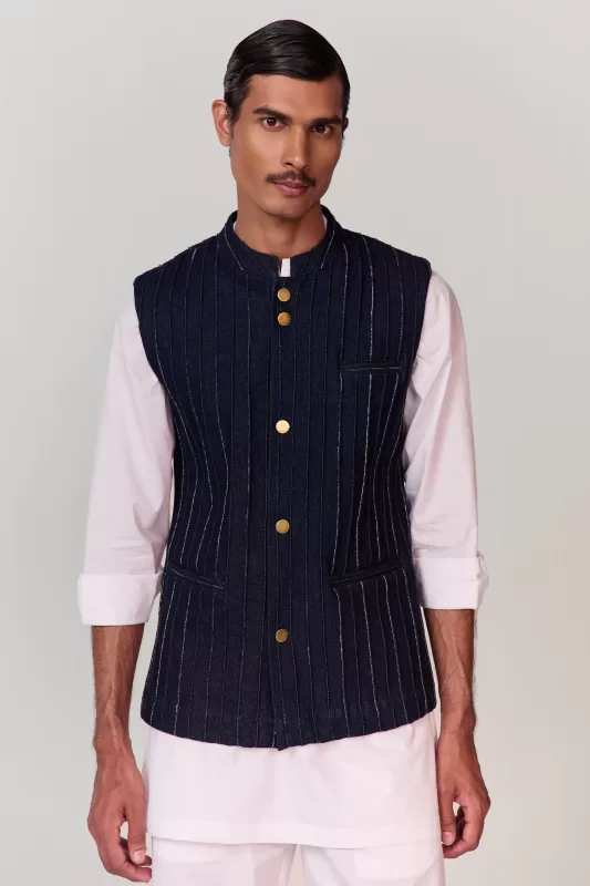 October Jaipur - ADVAIT PINTUCK NEHRU JACKET-DENIM