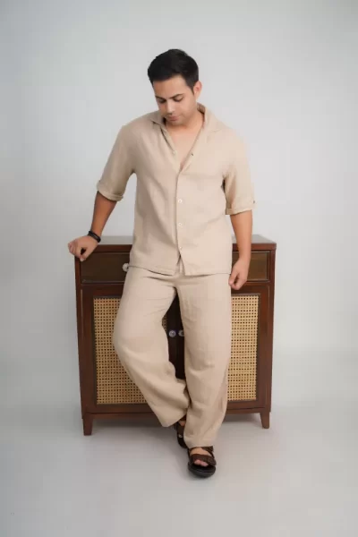 Beige Loose Fit Muslin Trousers