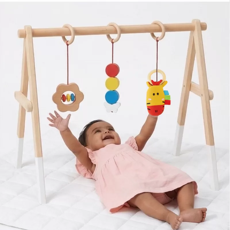 Shumee - Wooden Montessori Baby Gym – Foldable Neem Wood Play Gym with Hanging Toys