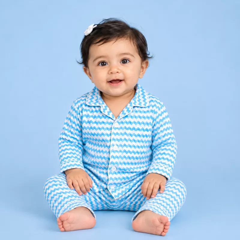Mama and Peaches - Blue Chevron Full Sleeves Night Suit