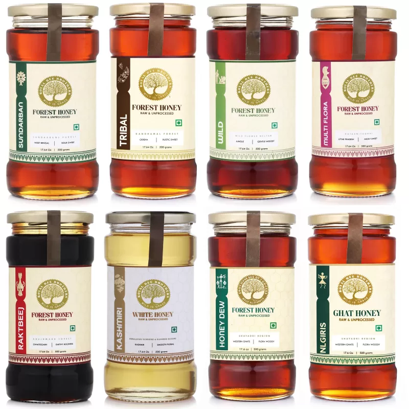 Royal Bee Brothers - Collection of eight different types of Forest Honey, Raw & Unprocessed, Harvested from eight Forests